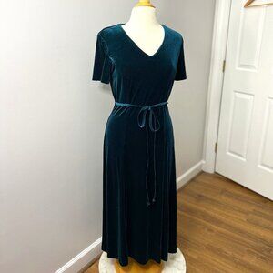 Coldwater Creek Teal Green Velvet/Velour Short Sleeve Tie Waist Dress Sz PM